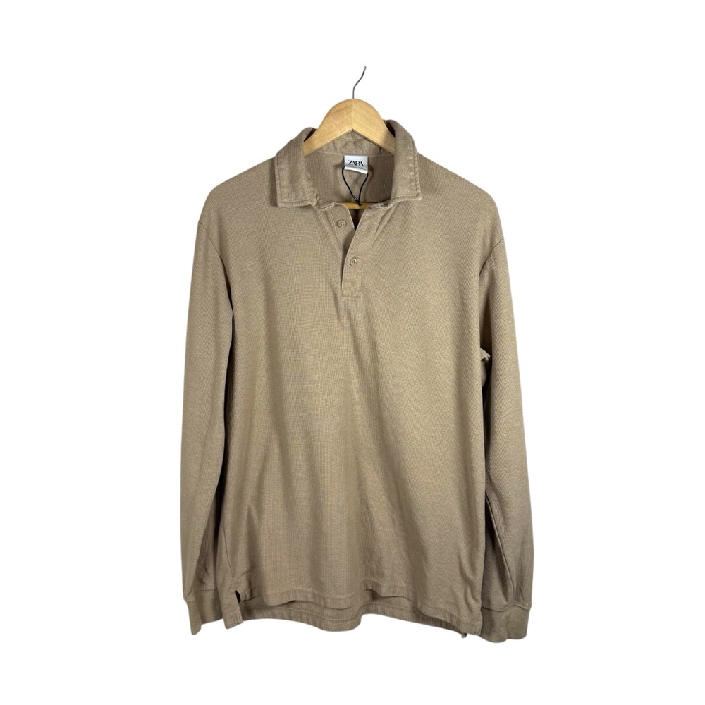 Zara Men's Tan Long Sleeve Polo Shirt
